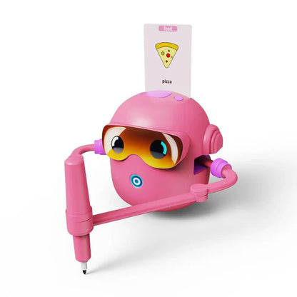 Pink smart Drawing & Learning Robot Toy with 100 Cards - Drawing & Vocabulary Educational Companion for Kids, Quick Card-Insert Recognition