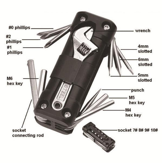Black Compact 16-in-1 Bicycle & Motorcycle Repair Multi-Tool with Adjustable Wrench & Socket Set.