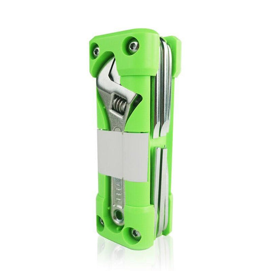 Green Compact 16-in-1 Bicycle & Motorcycle Repair Multi-Tool with Adjustable Wrench & Socket Set.