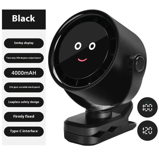 Black Portable Stroller Fan with LED Display - Bladeless Safety Clip-On Fan for Baby & Desk (4000mAh, 360 degree Rotation).