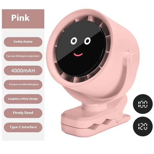 Pink Portable Stroller Fan with LED Display - Bladeless Safety Clip-On Fan for Baby & Desk (4000mAh, 360 degree Rotation).