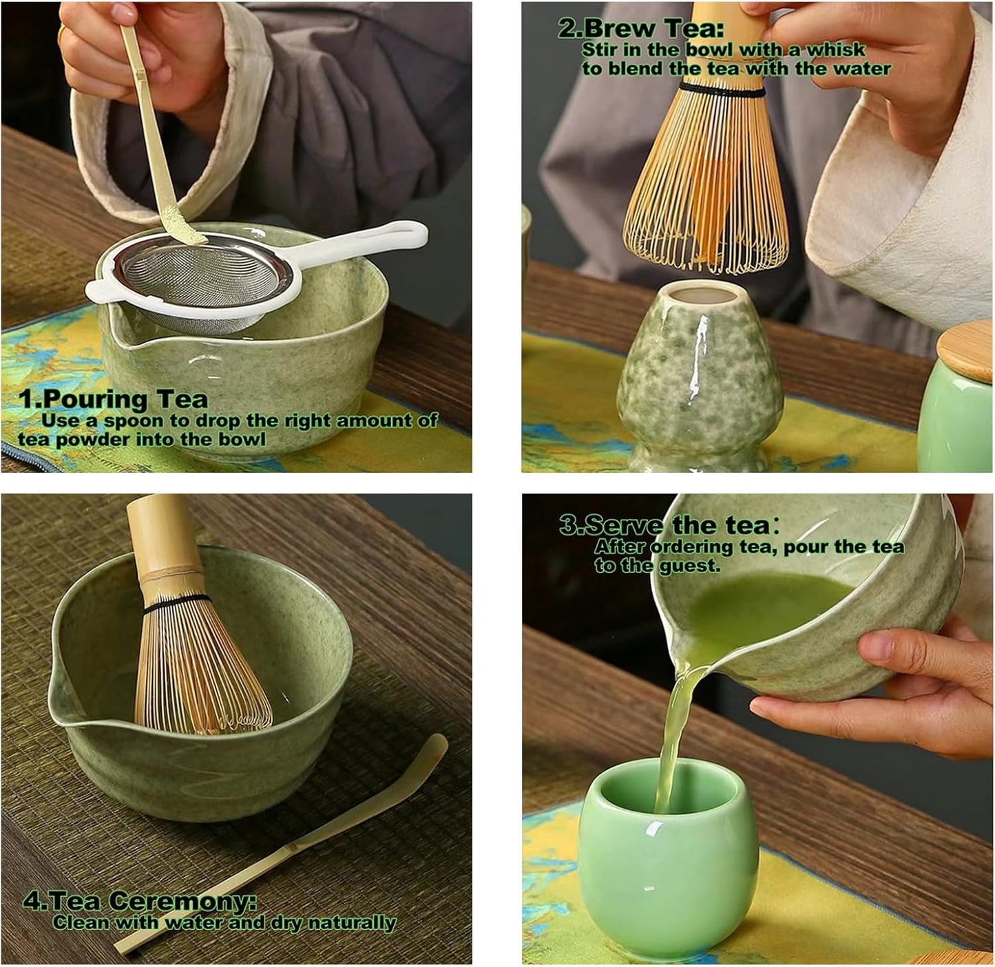 Blue and white Complete Matcha Tea Ceremony Set - 4-Piece Japanese Traditional Whisk, Bowl, Whisk Holder & Scoop for Authentic Preparation at Home