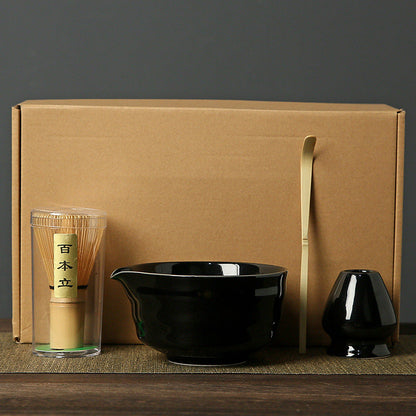 Black Complete Matcha Tea Ceremony Set - 4-Piece Japanese Traditional Whisk, Bowl, Whisk Holder & Scoop for Authentic Preparation at Home
