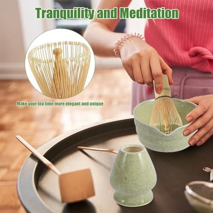 Green Complete Matcha Tea Ceremony Set - 4-Piece Japanese Traditional Whisk, Bowl, Whisk Holder & Scoop for Authentic Preparation at Home