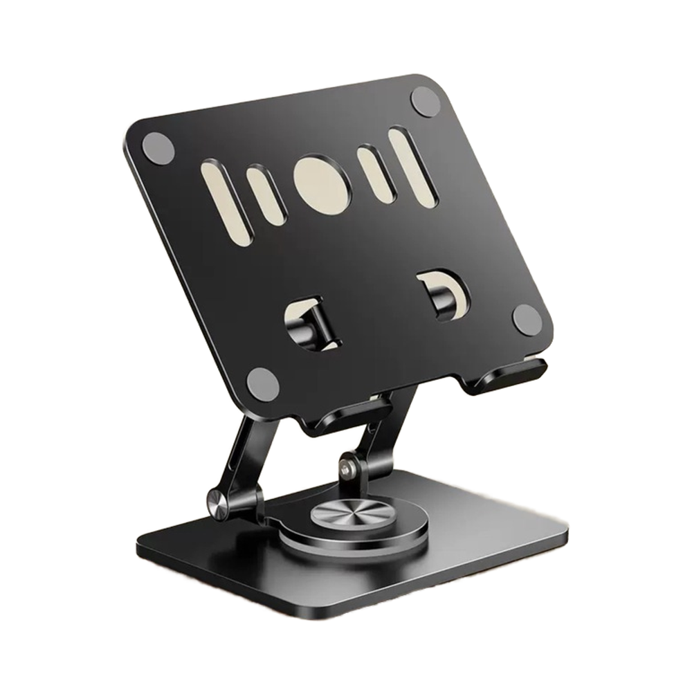 Black 360 degree Rotating Tablet & Phone Stand - Heavy-Duty Aluminum Adjustable Holder with Cooling for iPad, iPhone, and More.