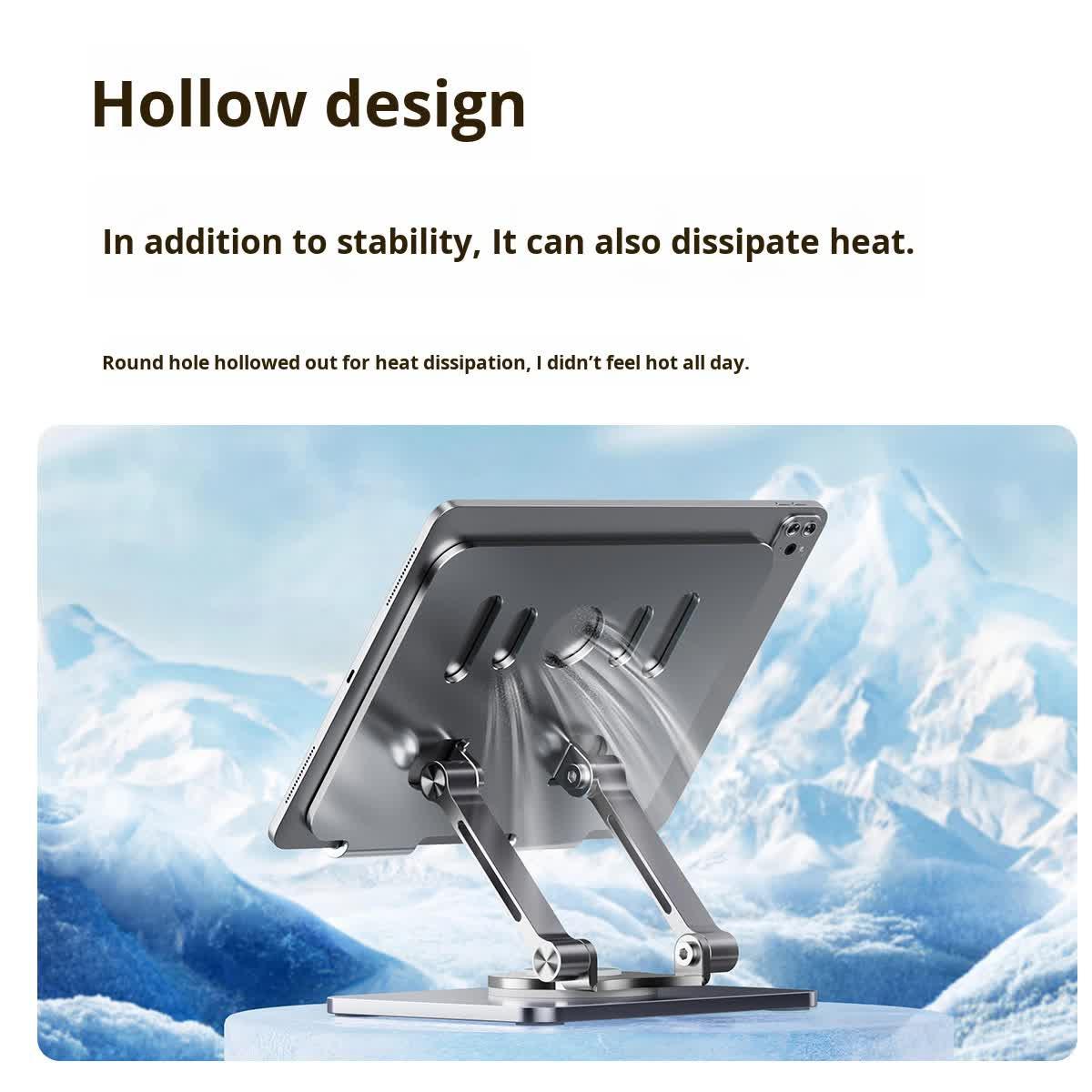 Black 360 degree Rotating Tablet & Phone Stand - Heavy-Duty Aluminum Adjustable Holder with Cooling for iPad, iPhone, and More.
