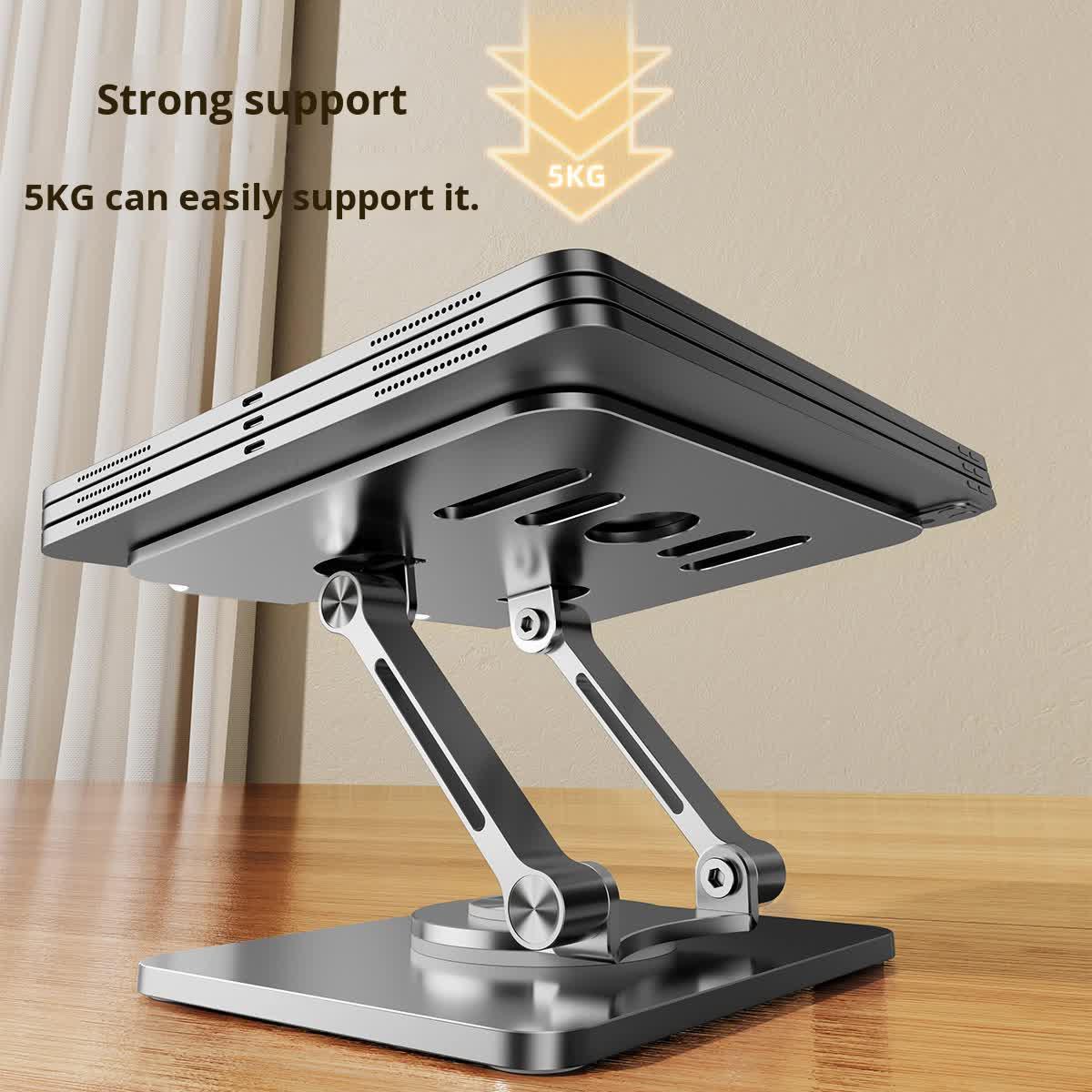 Black 360 degree Rotating Tablet & Phone Stand - Heavy-Duty Aluminum Adjustable Holder with Cooling for iPad, iPhone, and More.