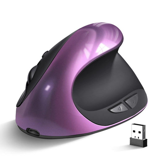 Purple 3rd Gen Vertical Wireless Mouse with USB-C Charging - Ergonomic 2.4G Silent Click Design for Office and Laptop Use.