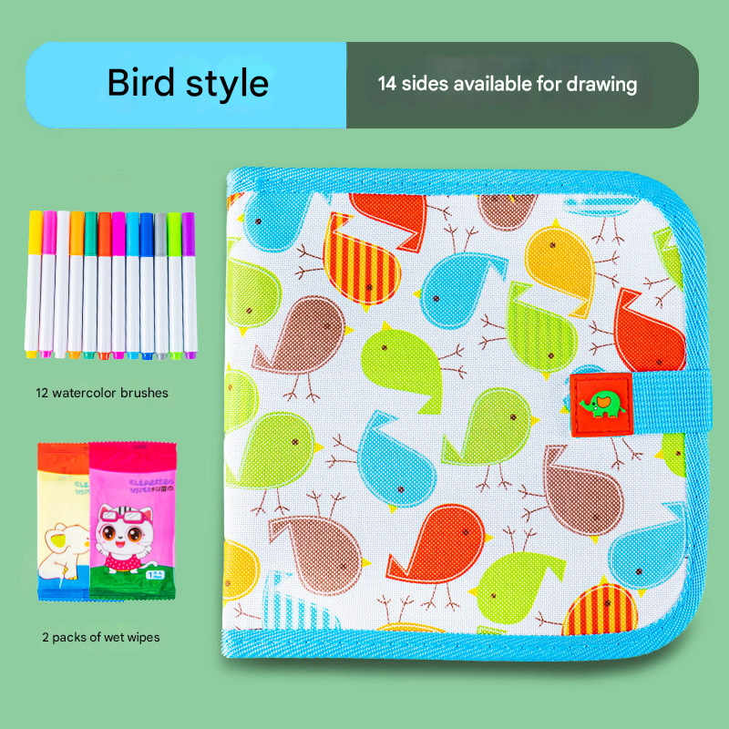 Little bird Portable Reusable Drawing Board for Kids - erasable Doodle Book with Water Chalk Pens - Toddler Travel Activity Toy.