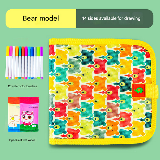 Little Bear Portable Reusable Drawing Board for Kids - erasable Doodle Book with Water Chalk Pens - Toddler Travel Activity Toy.