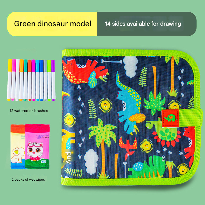 Green dinosaur Portable Reusable Drawing Board for Kids - erasable Doodle Book with Water Chalk Pens - Toddler Travel Activity Toy.