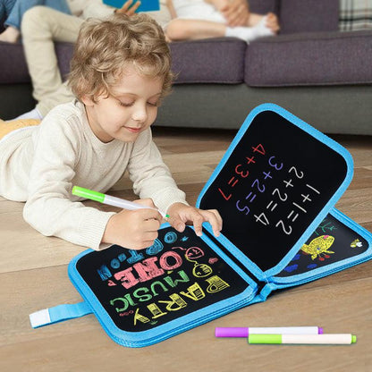 Green dinosaur Portable Reusable Drawing Board for Kids - erasable Doodle Book with Water Chalk Pens - Toddler Travel Activity Toy.