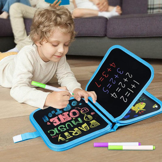 Green dinosaur Portable Reusable Drawing Board for Kids - erasable Doodle Book with Water Chalk Pens - Toddler Travel Activity Toy.