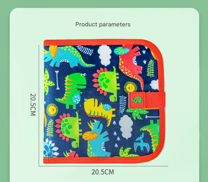 Green dinosaur Portable Reusable Drawing Board for Kids - erasable Doodle Book with Water Chalk Pens - Toddler Travel Activity Toy.