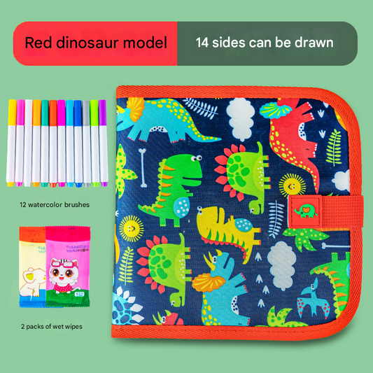 Red dinosaur Portable Reusable Drawing Board for Kids - erasable Doodle Book with Water Chalk Pens - Toddler Travel Activity Toy.