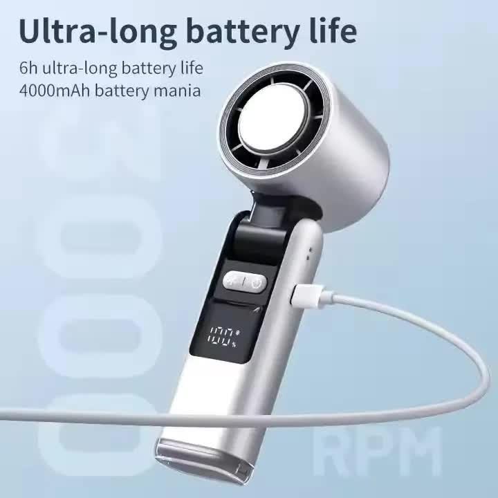 Grey New 100-Speed Portable Handheld Fan - Rechargeable Folding Turbo Mini USB Fan with Superconducting Cooling.