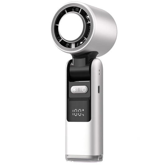 White New 100-Speed Portable Handheld Fan - Rechargeable Folding Turbo Mini USB Fan with Superconducting Cooling.
