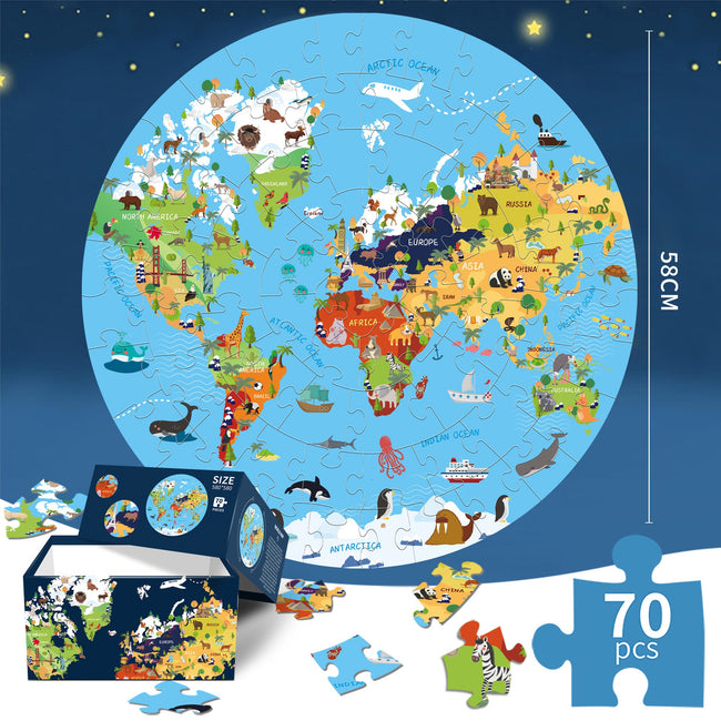 World Animal Puzzle Round Cardboard 70-Piece Jigsaw Puzzle - Educational Kids Puzzle Toy, Fun & Engaging. Hover Image