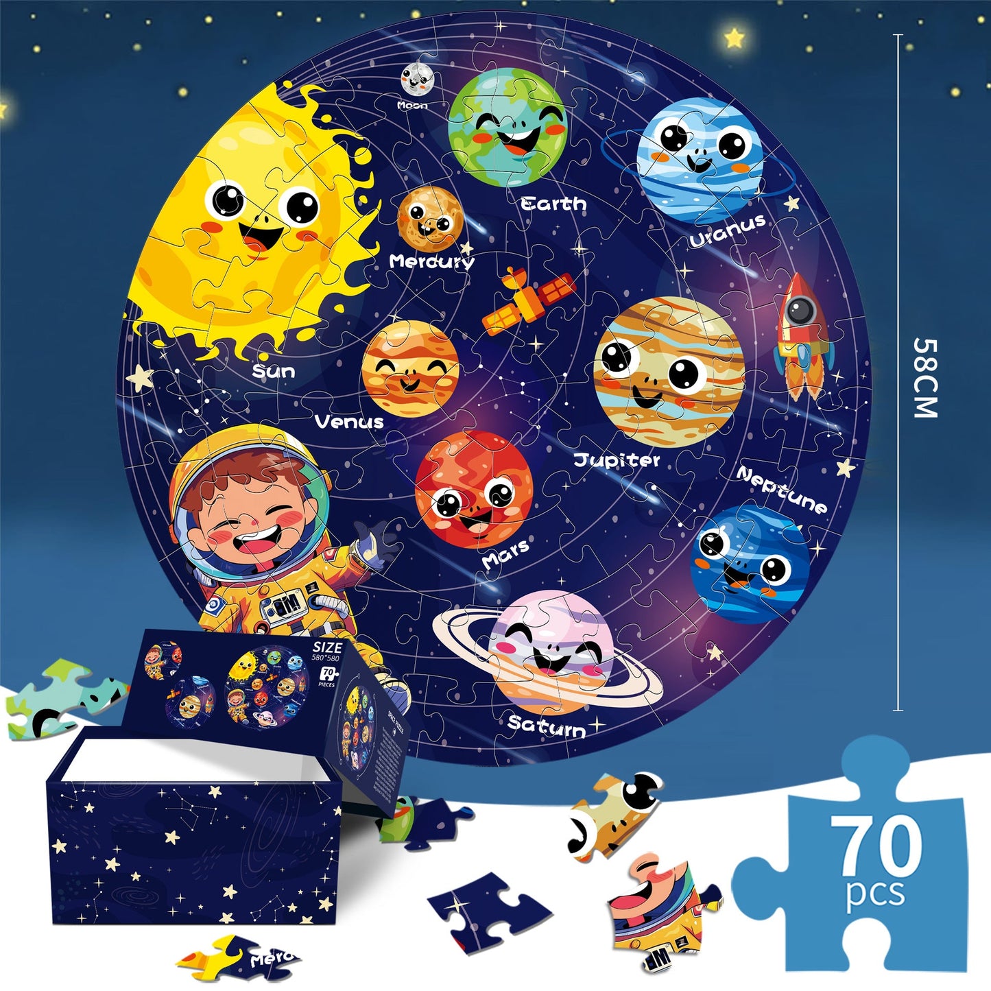 Space luminous jigsaw puzzle Round Cardboard 70-Piece Jigsaw Puzzle - Educational Kids Puzzle Toy, Fun & Engaging.