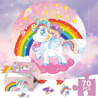 Unicorn puzzle Round Cardboard 70-Piece Jigsaw Puzzle - Educational Kids Puzzle Toy, Fun & Engaging.