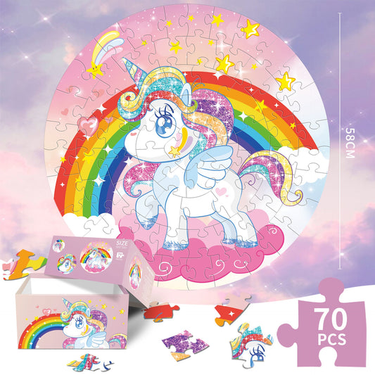 Unicorn puzzle Round Cardboard 70-Piece Jigsaw Puzzle - Educational Kids Puzzle Toy, Fun & Engaging.