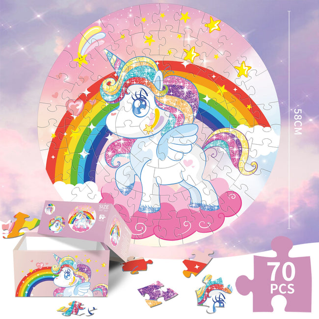Unicorn puzzle Round Cardboard 70-Piece Jigsaw Puzzle - Educational Kids Puzzle Toy, Fun & Engaging. Hover Image