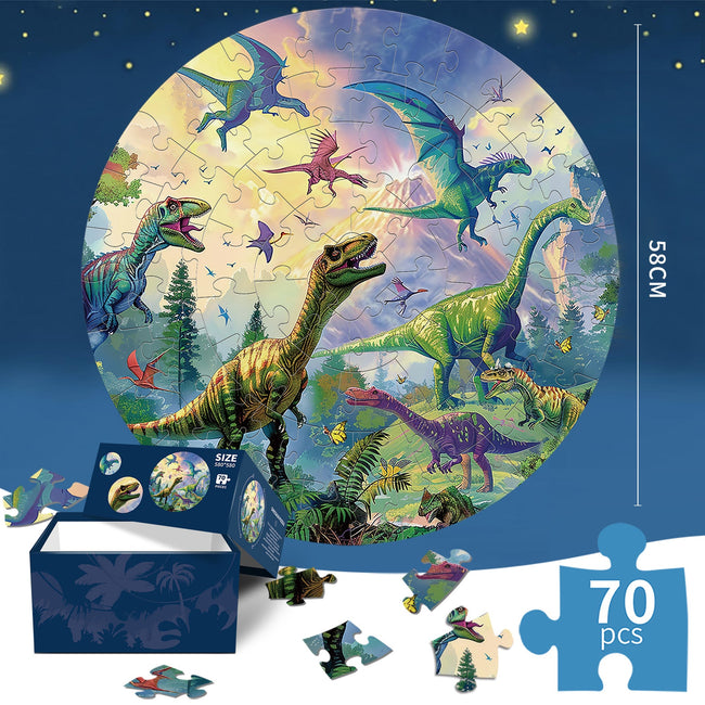 Dinosaur jigsaw puzzle Round Cardboard 70-Piece Jigsaw Puzzle - Educational Kids Puzzle Toy, Fun & Engaging. Hover Image