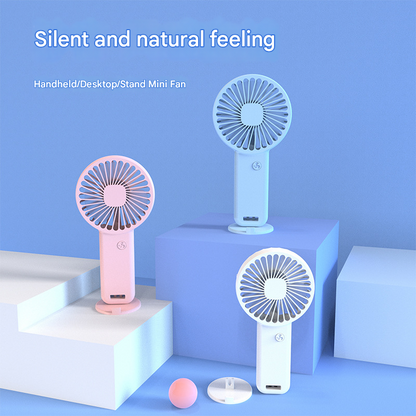 2-PCS Blue Portable USB Rechargeable Mini Handheld Fan with Desktop Base & Phone Stand - 3-Speed Quiet Operation.