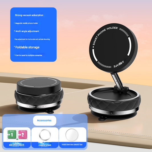 Black Foldable Magnetic Phone Holder with Vacuum Suction - Multi-Angle Adjustable Zinc Alloy Desktop Phone Stand - Portable & Stable for Desk, Car & Multi-Scenario Use.