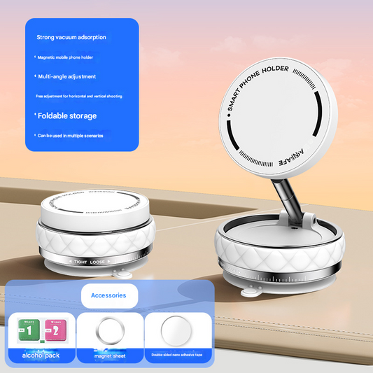 White Foldable Magnetic Phone Holder with Vacuum Suction - Multi-Angle Adjustable Zinc Alloy Desktop Phone Stand - Portable & Stable for Desk, Car & Multi-Scenario Use.
