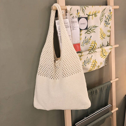 Beige splicing Bohemian Knit Shoulder Bag - Hand-Woven Crochet Tote for Women