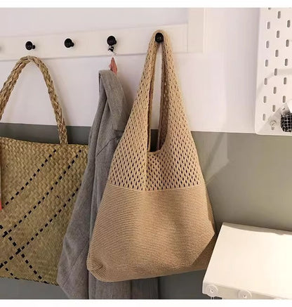 Beige splicing Bohemian Knit Shoulder Bag - Hand-Woven Crochet Tote for Women