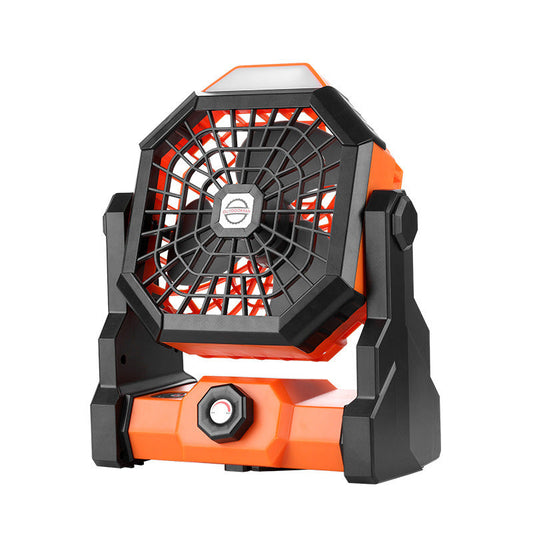 Black and orange Portable Outdoor Camping Fan with LED Light - Rechargeable USB Tent Fan for Australia.