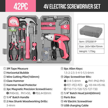 Pink 42 Piece Home Tool Set with 4V Cordless Electric Screwdriver Kit for DIY Repairs and General Household Maintenance Portable Storage Case.