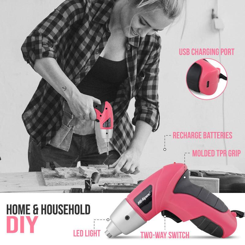 Pink 42 Piece Home Tool Set with 4V Cordless Electric Screwdriver Kit for DIY Repairs and General Household Maintenance Portable Storage Case.
