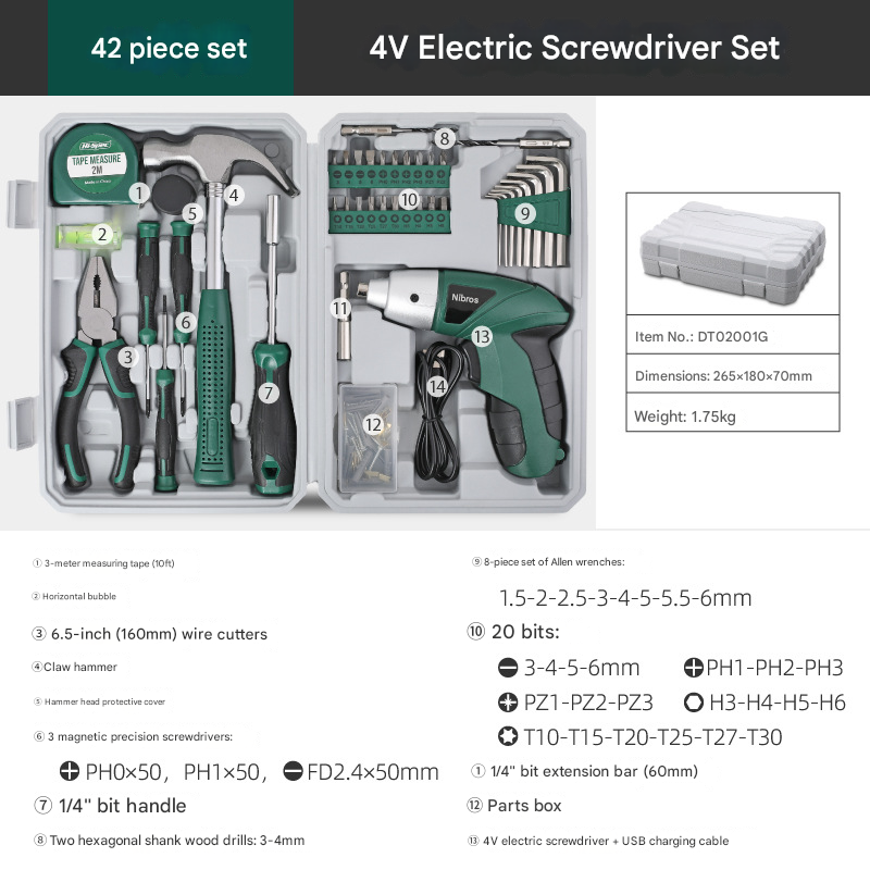 Green 42 Piece Home Tool Set with 4V Cordless Electric Screwdriver Kit for DIY Repairs and General Household Maintenance Portable Storage Case.
