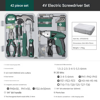 Green 42 Piece Home Tool Set with 4V Cordless Electric Screwdriver Kit for DIY Repairs and General Household Maintenance Portable Storage Case.