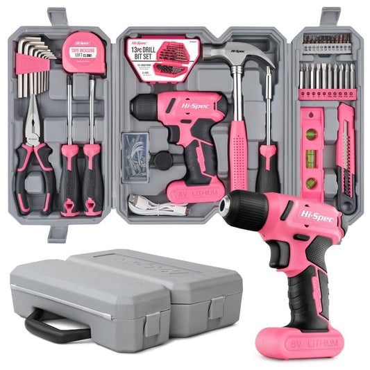 58 Piece Home Tool Set with 8V Cordless Drill Driver Kit Rechargeable Electric Screwdriver for DIY Repairs and Maintenance.