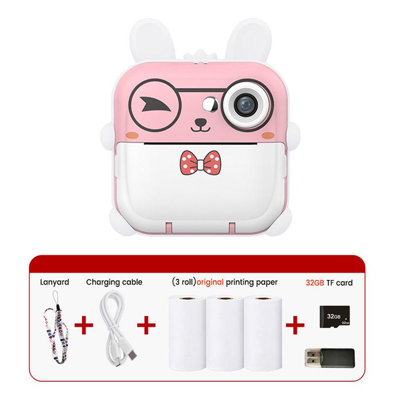 Pink rabbit Kids Instant Print Camera Zero Ink Digital Video Recorder with 32GB Card and 3 Paper Rolls Portable Rechargeable Toy Gift.