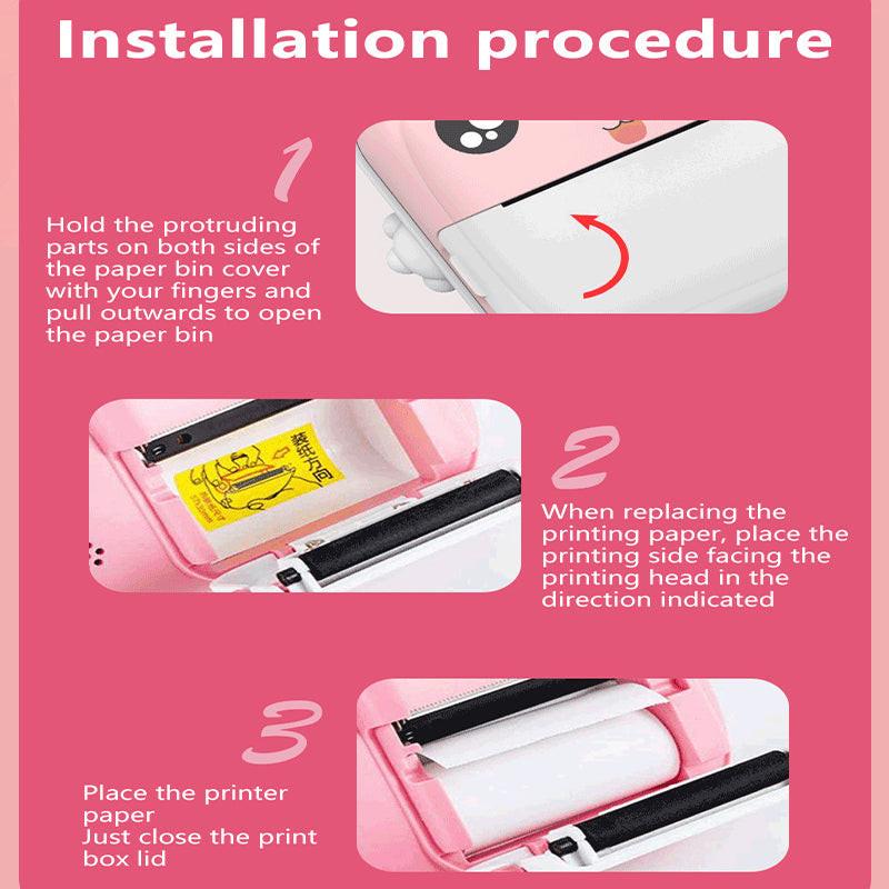 Pink rabbit Kids Instant Print Camera Zero Ink Digital Video Recorder with 32GB Card and 3 Paper Rolls Portable Rechargeable Toy Gift.
