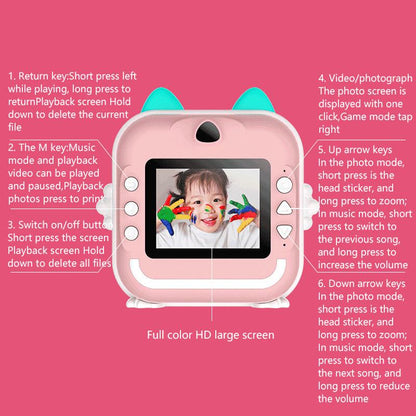 Pink rabbit Kids Instant Print Camera Zero Ink Digital Video Recorder with 32GB Card and 3 Paper Rolls Portable Rechargeable Toy Gift.