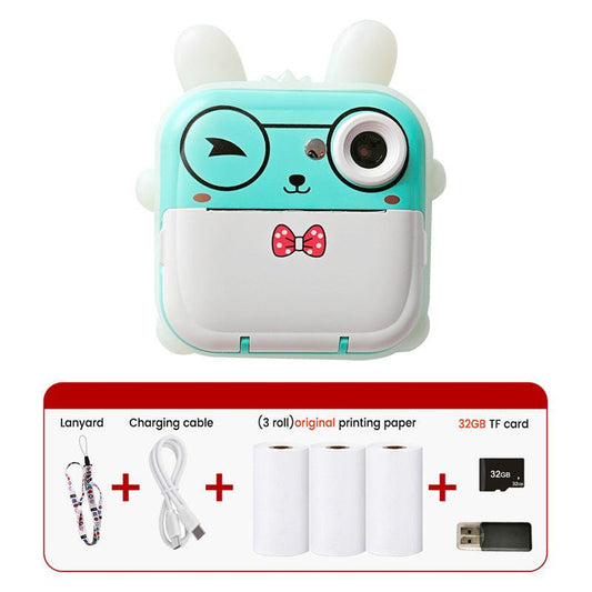Blue rabbit Kids Instant Print Camera Zero Ink Digital Video Recorder with 32GB Card and 3 Paper Rolls Portable Rechargeable Toy Gift.