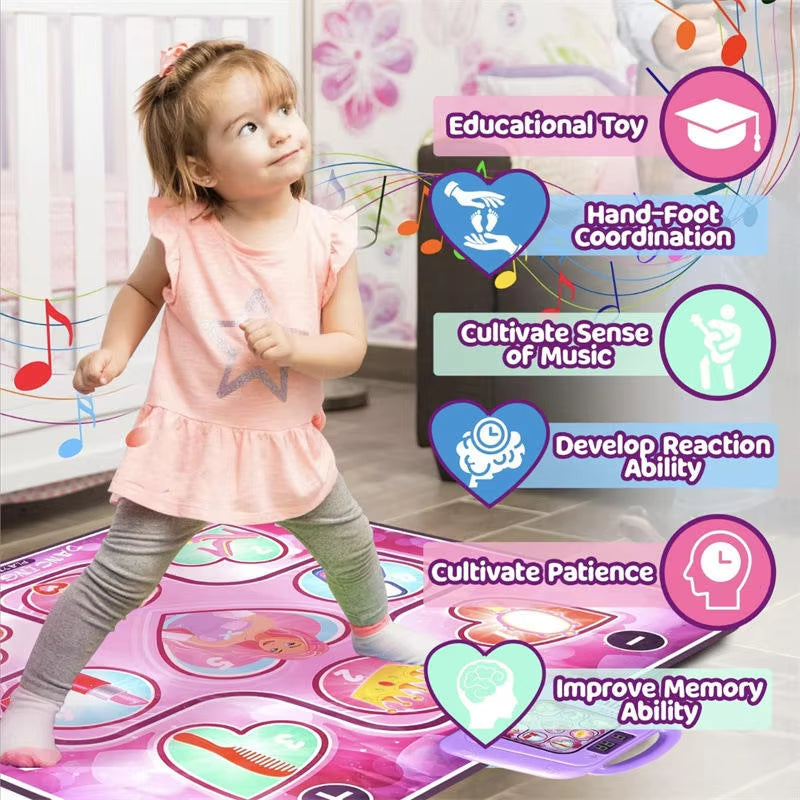 Kids Electronic Dance Mat Princess Theme Musical Rhythm Game with LED Lights Adjustable Volume Non-Slip Floor Playmat for Girls Age 3+.