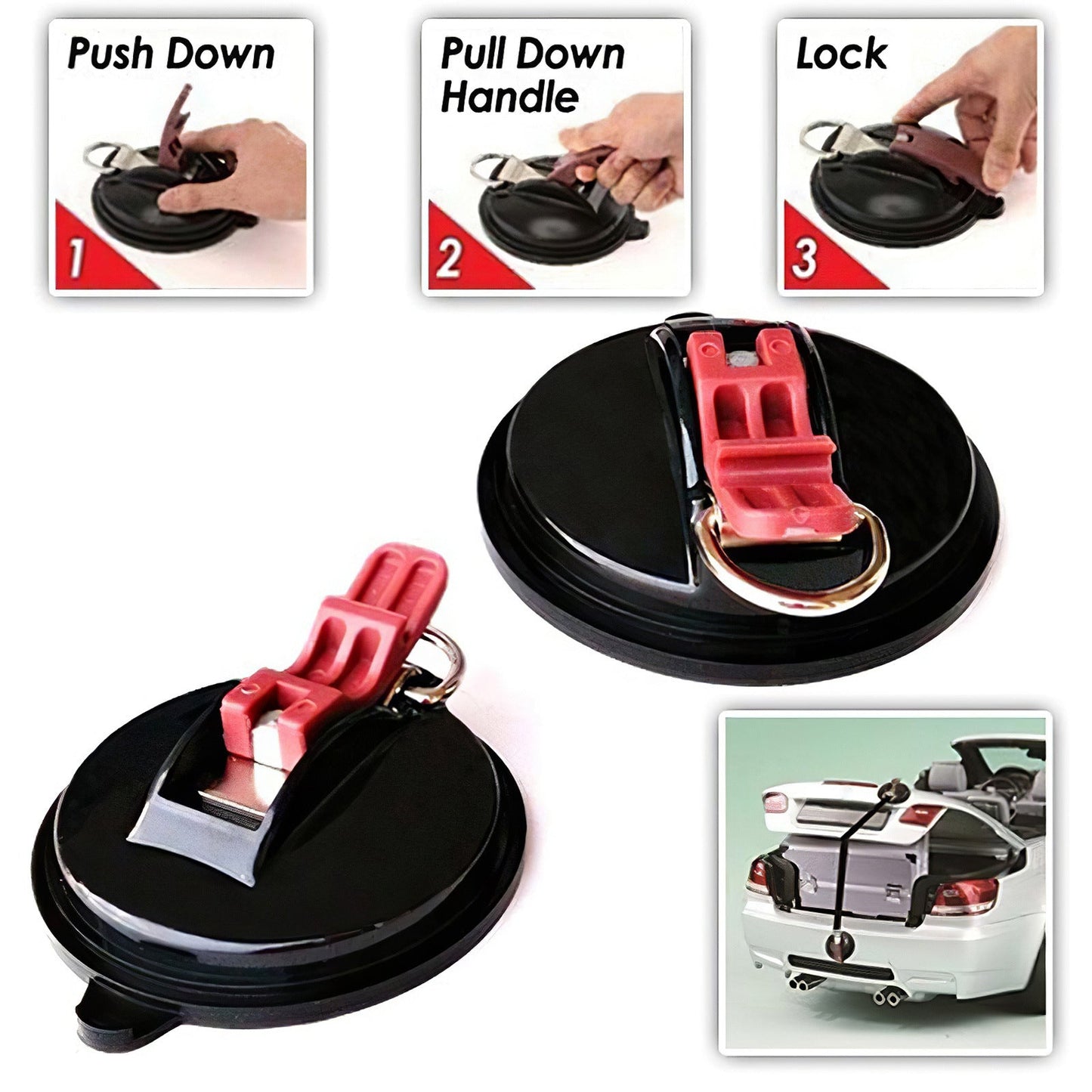 4 Pack Black plate + red button Heavy Duty Suction Cup Anchors with S-Hooks for Car Side Awnings and Camping Tarps Multifunctional Tie Down Points for Outdoor Road Trips 10kg Capacity.