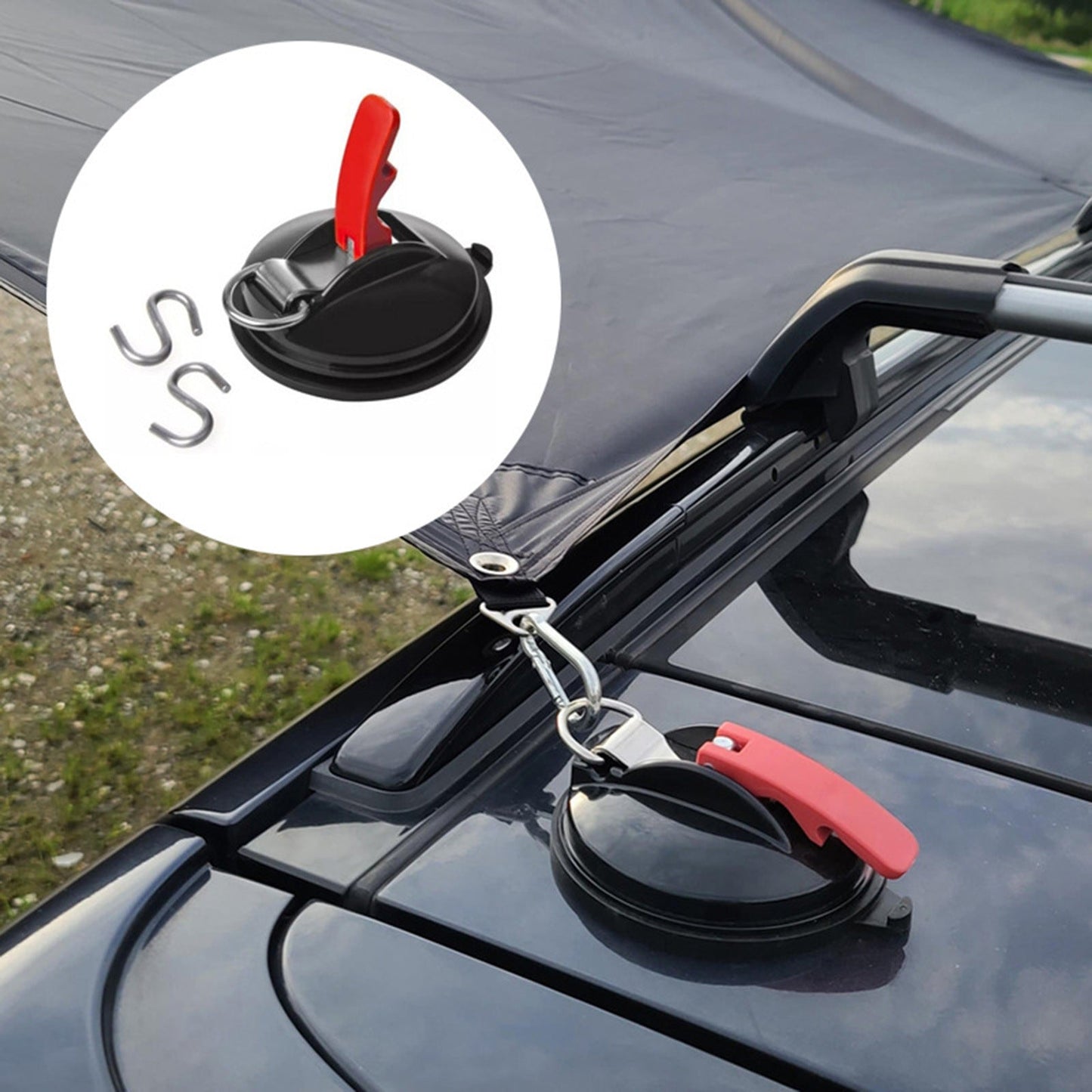 4 Pack Black plate + red button Heavy Duty Suction Cup Anchors with S-Hooks for Car Side Awnings and Camping Tarps Multifunctional Tie Down Points for Outdoor Road Trips 10kg Capacity.
