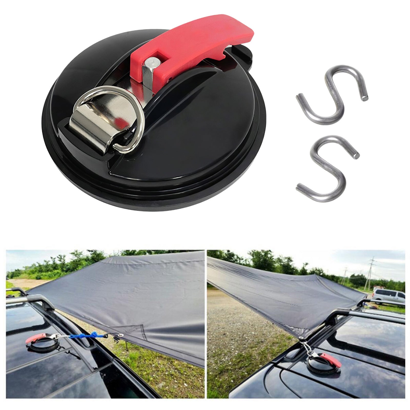 4 Pack Black plate + red button Heavy Duty Suction Cup Anchors with S-Hooks for Car Side Awnings and Camping Tarps Multifunctional Tie Down Points for Outdoor Road Trips 10kg Capacity.