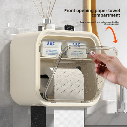White Wall Mounted Dual Layer Bathroom Tissue Box Holder with Storage Drawer Waterproof Dispenser for Toilet Paper and Tissues