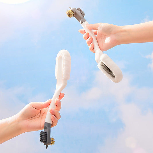 2-PCS White Multifunctional Double Headed Shoe Cleaning Brush with Long Handle Soft Silicone Bristles for Sneaker Upper and Hard Wire Brush for Sole 1 Piece