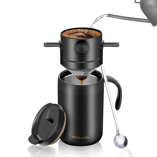 Black Portable Pour Over Coffee Maker Set Insulated Stainless Steel Travel Mug with Reusable Drip Filter and Spoon 3 Piece Kit.
