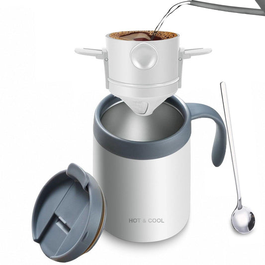 White Portable Pour Over Coffee Maker Set Insulated Stainless Steel Travel Mug with Reusable Drip Filter and Spoon 3 Piece Kit.